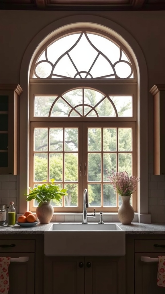 A kitchen sink under a large arched window with decorative panes, surrounded by plants and fruits on the countertop.