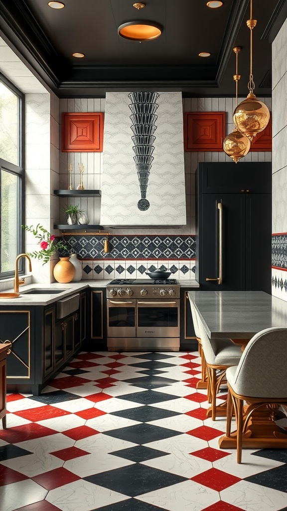 A modern kitchen designed in Art Deco style, featuring bold colors, geometric patterns, and elegant lighting.