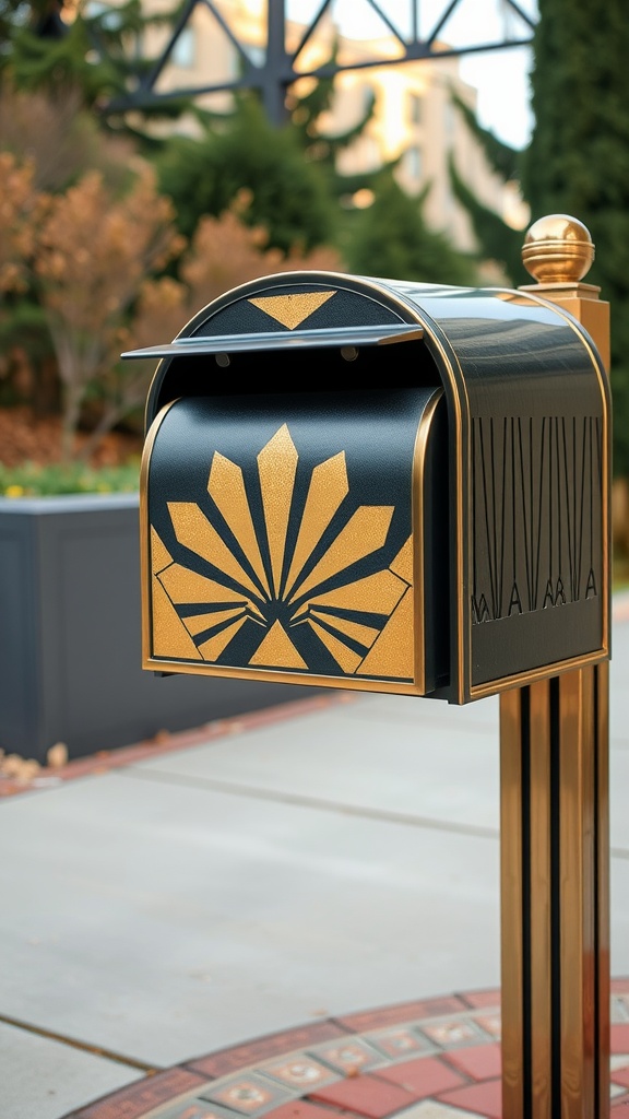 Art Deco style mailbox with black and gold colors and geometric design