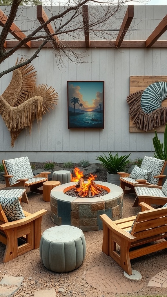 A cozy artisan crafted fire pit lounge with wooden chairs and decorative wall art