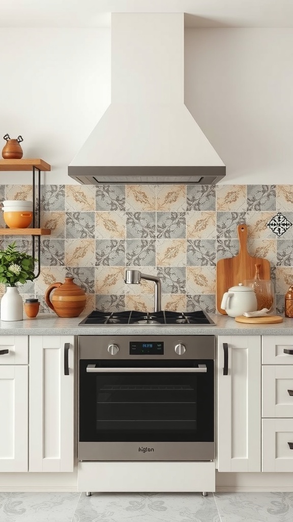 A kitchen featuring artisan handmade tiles as a backsplash, with white cabinets and modern appliances