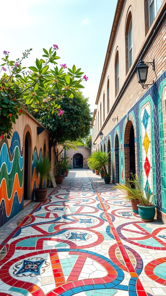 A colorful artisan mosaic walkway lined with potted plants and vibrant wall designs.