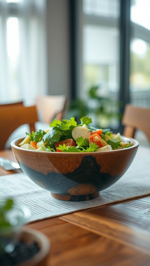 A wooden bowl filled with a fresh salad, garnished with cilantro, placed on a table.