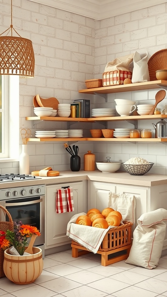 A cozy kitchen corner designed like an artisanal bakery, featuring wooden shelves with dishware, a basket of fresh bread, and decorative flowers.