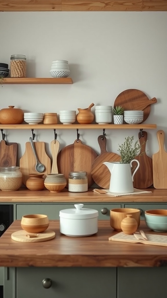 A Scandinavian kitchen featuring handcrafted wooden bowls, cutting boards, and ceramics, arranged on shelves and a table.