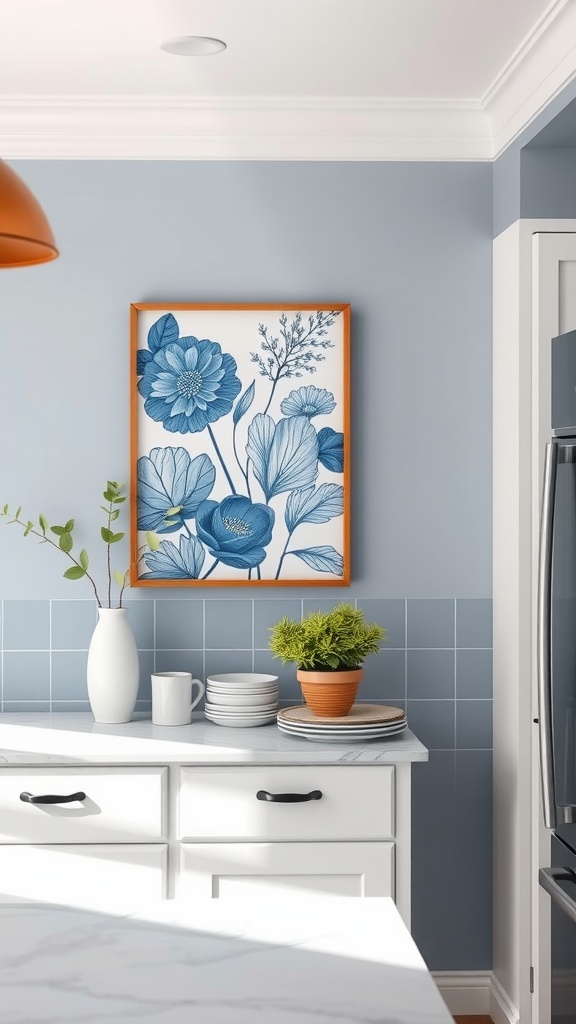 Blue and white floral wall art in a kitchen setting with plants and kitchenware