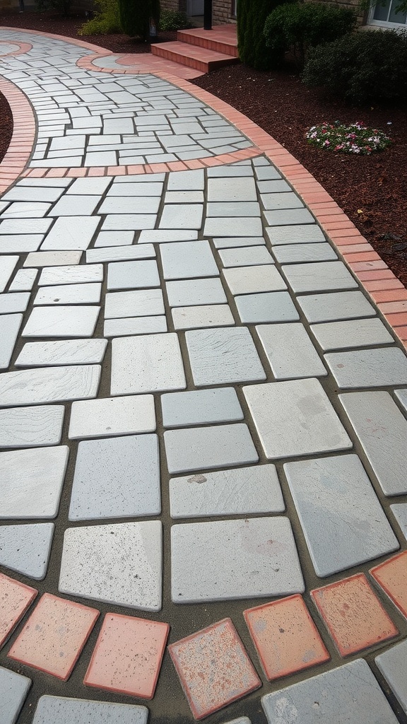 A flagstone walkway featuring light gray stones with red borders, creating a stylish and artistic design.