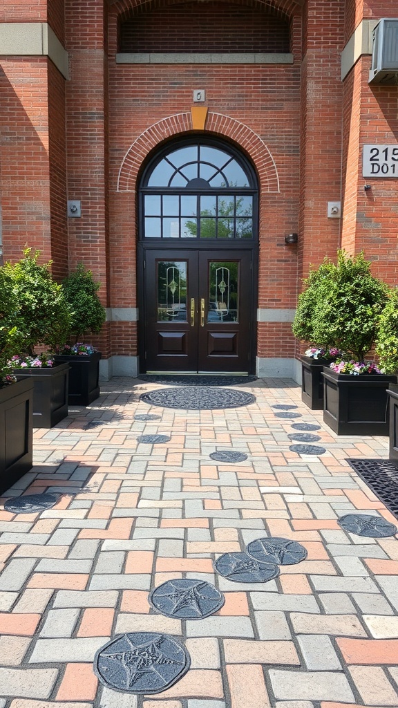 Artistic brick walkway leading to a front door, featuring colorful flower pots on the sides.