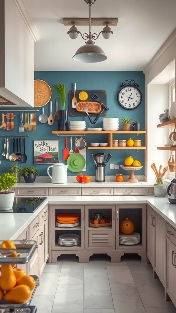 An artistic kitchen with teal walls, colorful kitchenware, and fruits on display.