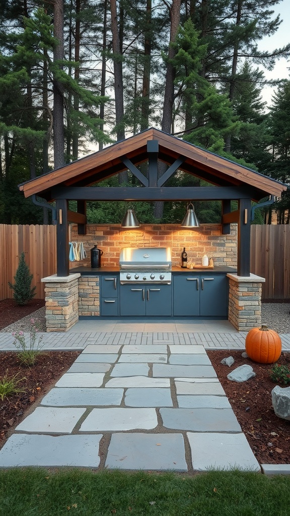 A custom-designed outdoor grill shelter with a stone counter and modern grill, surrounded by trees and a stone pathway.