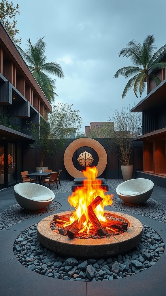 A modern fire pit with a circular design surrounded by smooth rocks, flanked by comfortable chairs and tropical plants.