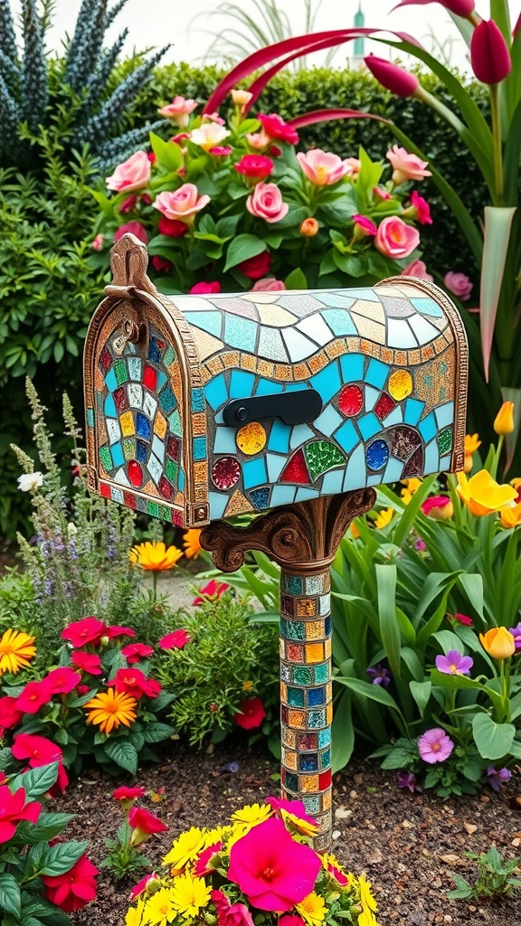 Colorful mosaic mailbox post surrounded by flowers