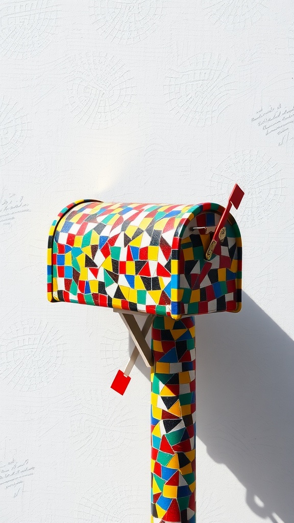 Colorful mosaic tile mailbox with vibrant geometric patterns