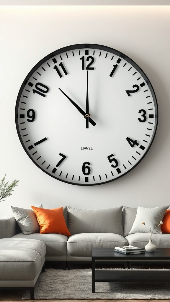 A large artistic wall clock mounted on a white wall above a light gray sofa with orange pillows.