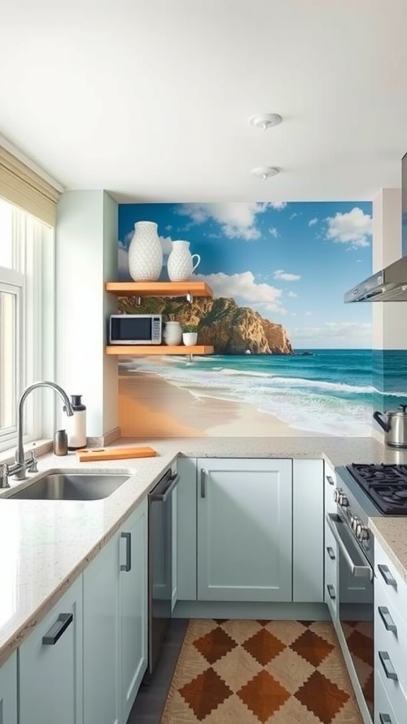 A beach-themed kitchen featuring a wall mural of a serene beach scene.