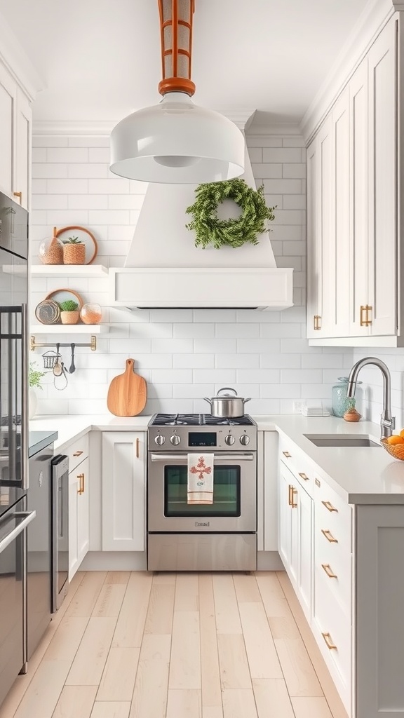 Artistic white kitchen with customized details, featuring white cabinetry, orange accents, and natural wood elements.