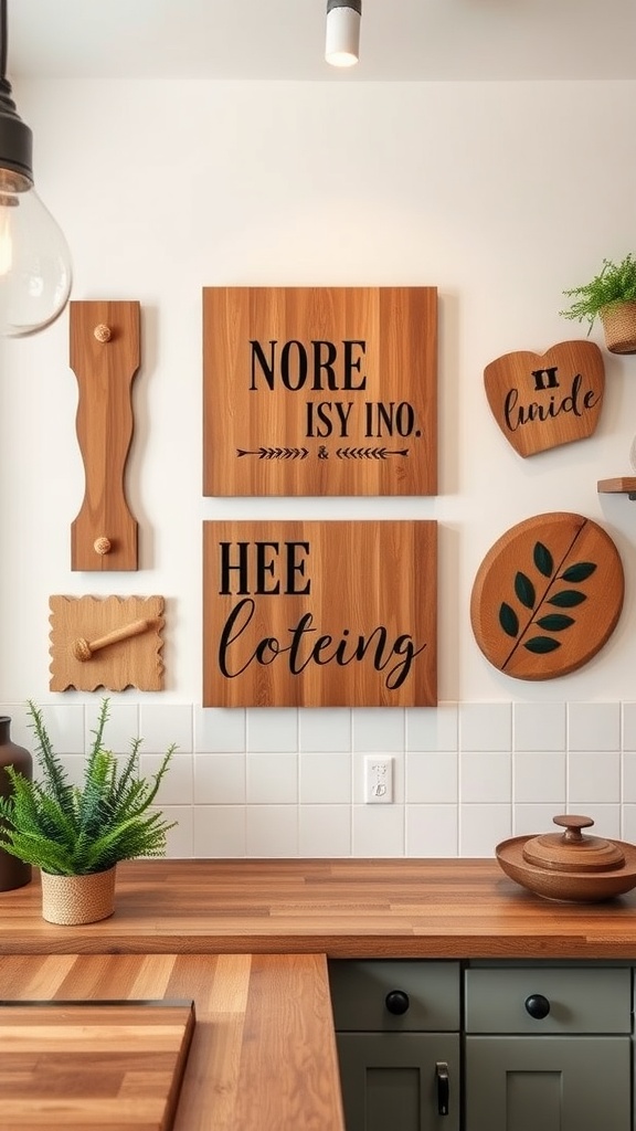 Wooden wall art in a kitchen with natural wood elements and greenery.