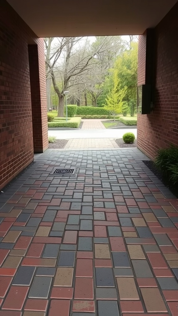 An asymmetrical brick pathway leading to a front door, surrounded by greenery.