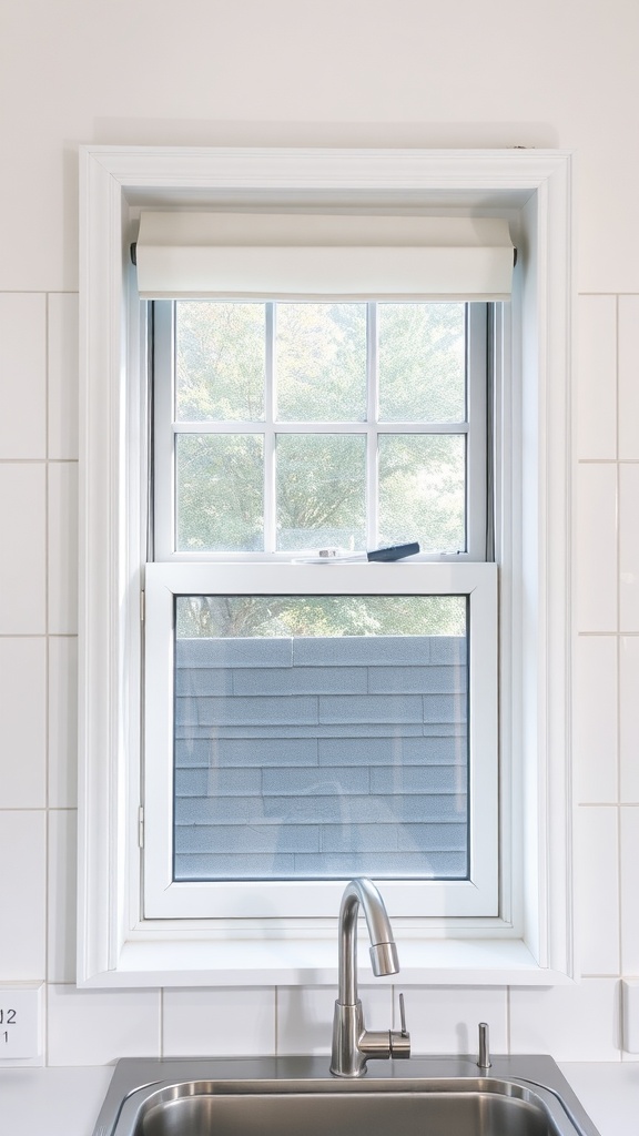 A modern kitchen awning window above a stainless steel sink, allowing natural light to flow in.