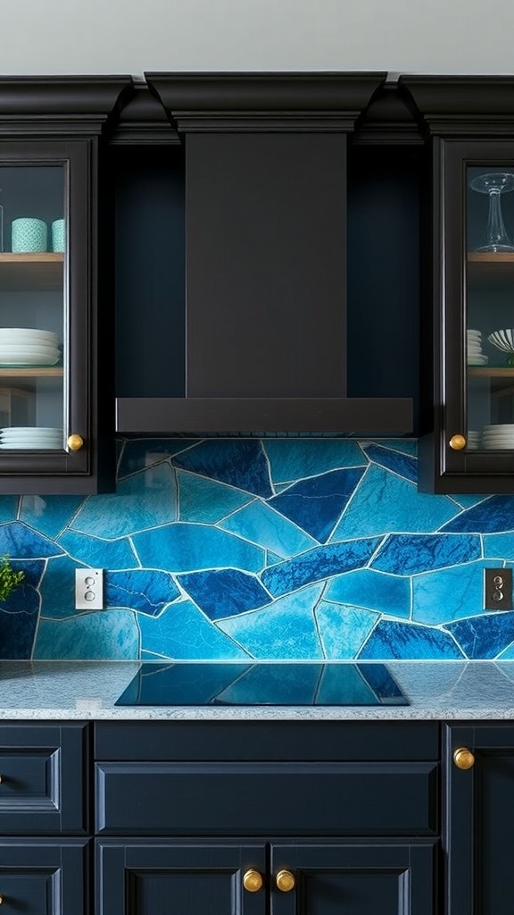 Azure blue natural stone backsplash with dark kitchen cabinets