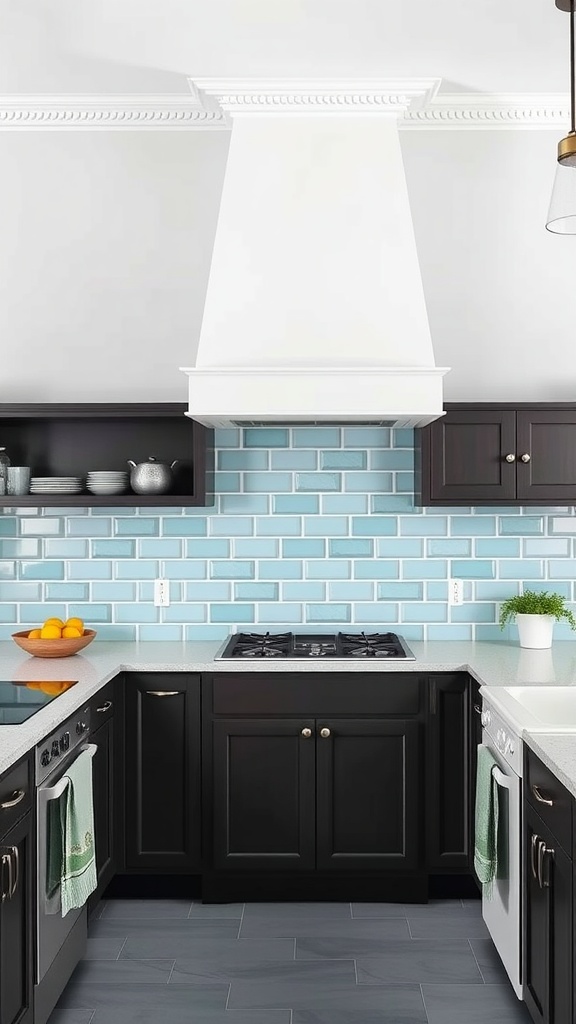 A kitchen with a baby blue backsplash, dark cabinets, and a white range hood.