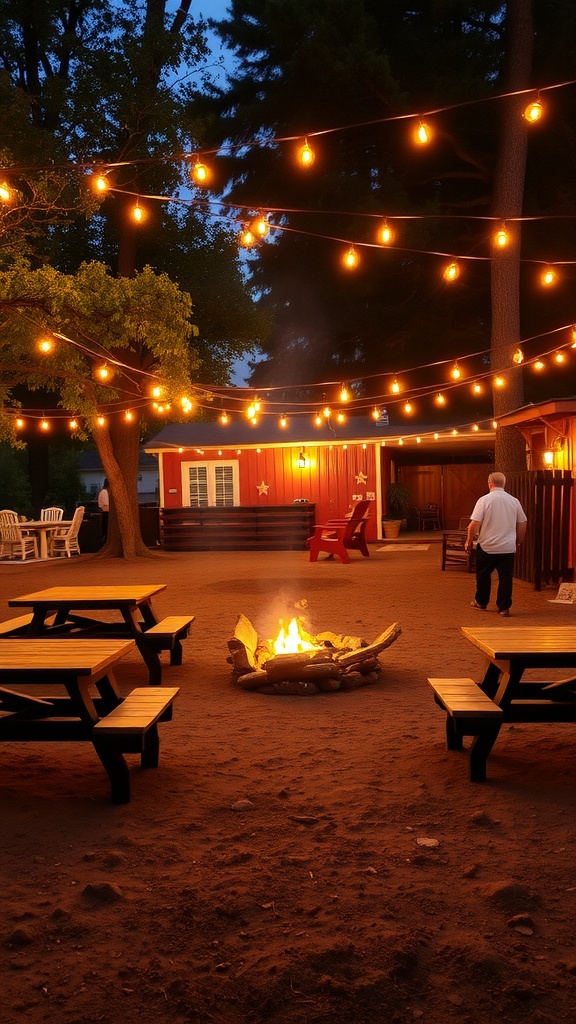 A backyard fire pit area with picnic tables and string lights, creating a cozy atmosphere for a bonfire gathering.