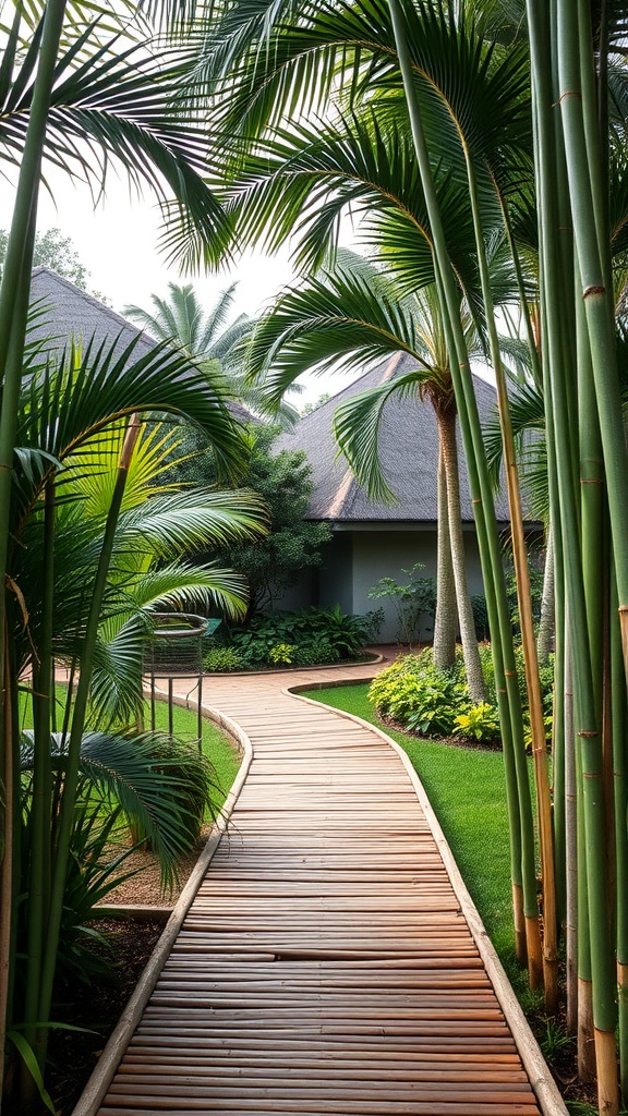 A bamboo border walkway surrounded by tropical plants and greenery