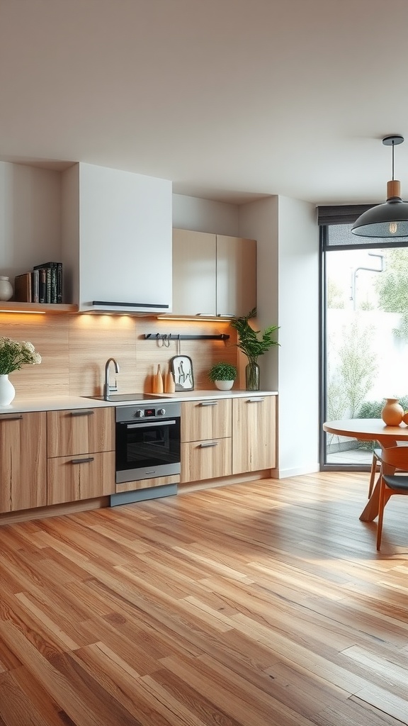 A modern kitchen featuring bamboo flooring, light cabinets, and a sleek design.