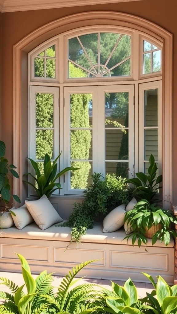 A bay window with cozy seating, surrounded by plants, creating a bright and inviting space.