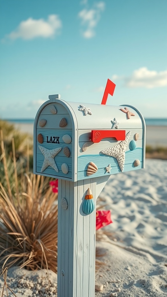 Beach-themed mailbox post decorated with seashells and starfish