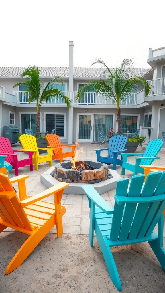 Colorful beach chairs arranged around a fire pit with palm trees in the background