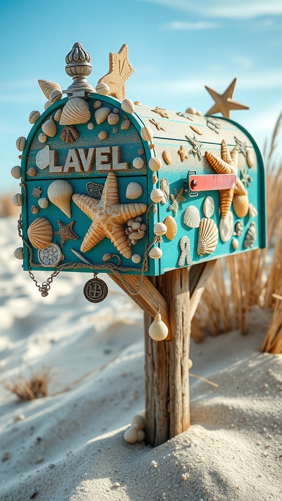 A beach-themed mailbox decorated with seashells and a starfish, set against a coastal background.