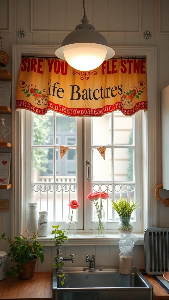 A bistro-style kitchen window with café curtains, flowers on the sill, and a sink below, creating a cozy atmosphere.