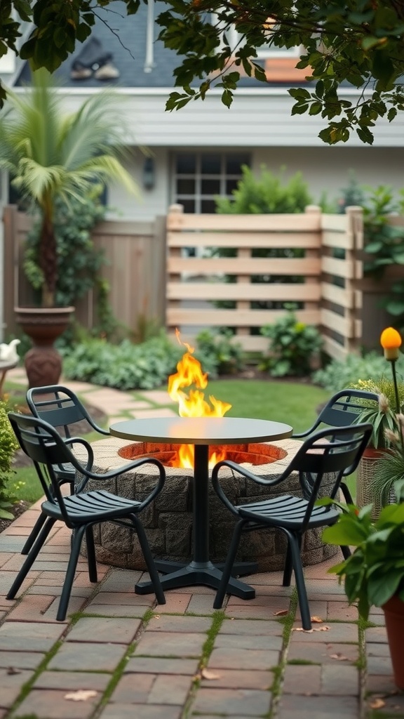 A bistro table and chairs set around a stone fire pit in a garden.