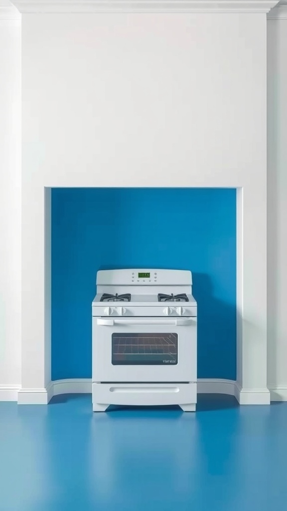 A white stove set against a vibrant blue accent wall in a modern kitchen.