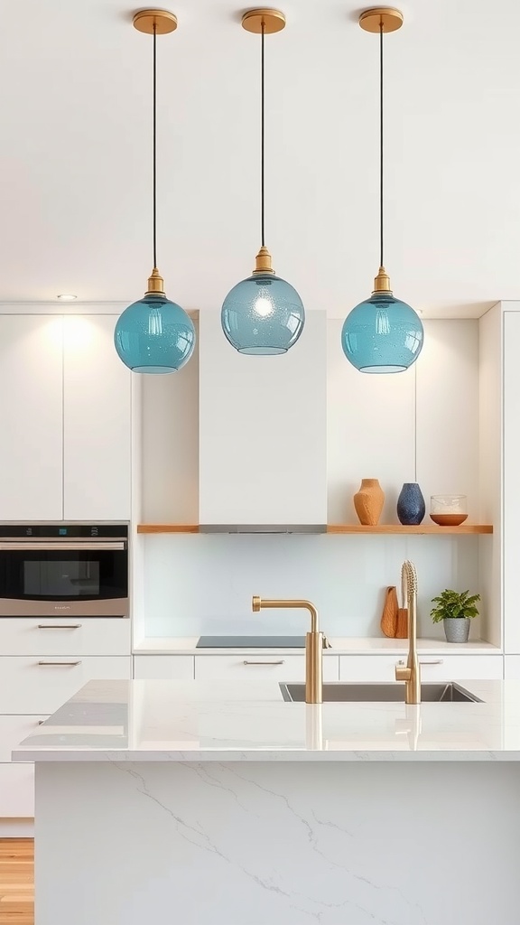 Three blue pendant lights hanging over a modern kitchen island.