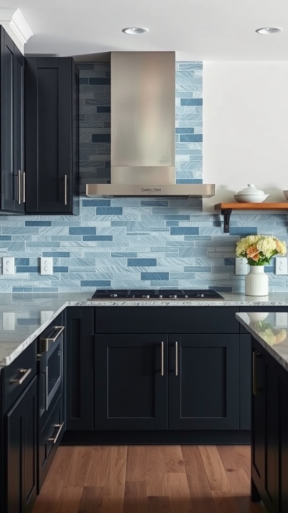 A modern kitchen with blue stone backsplash and dark cabinets