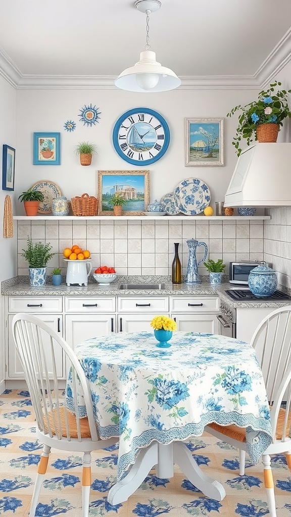 Bright kitchen featuring blue and white floral accents with a round table, floral tablecloth, and decorative wall art.