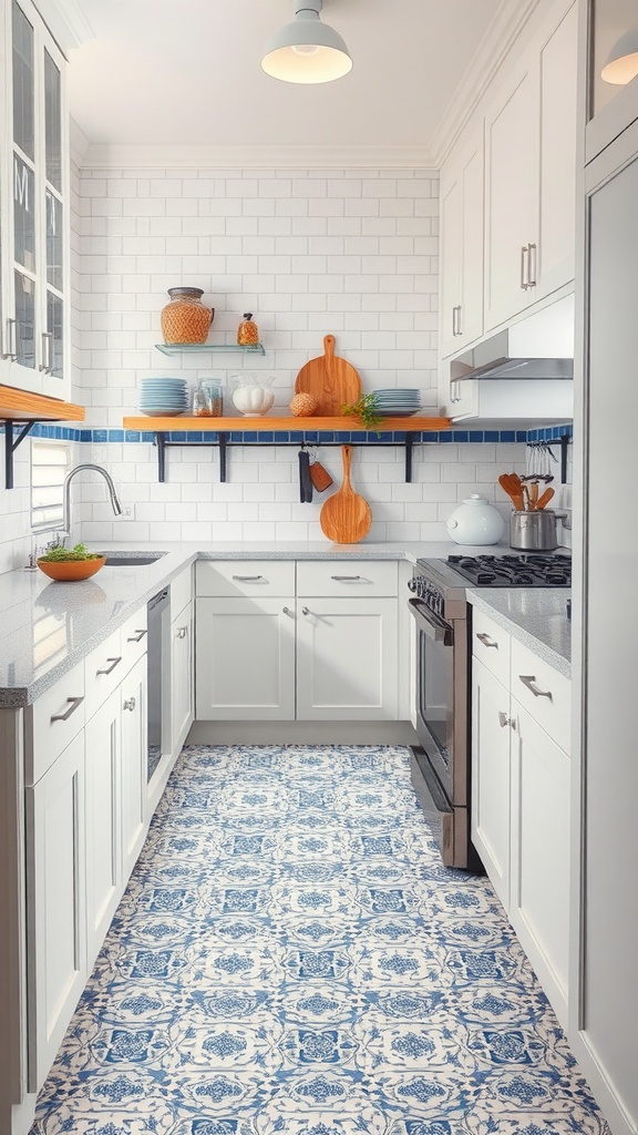 A kitchen featuring blue and white mosaic flooring, white cabinets, and wooden accents.