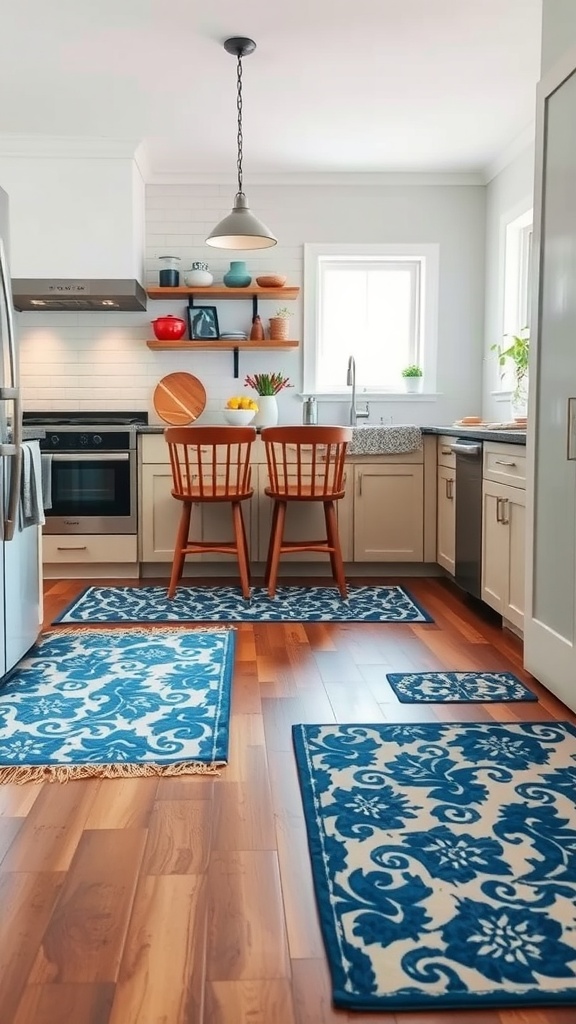 A bright kitchen with blue and white patterned rugs on wooden floors, featuring a seating area and decorative shelves.