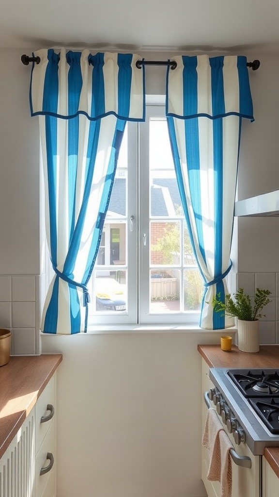 Blue and white striped curtains in a kitchen window