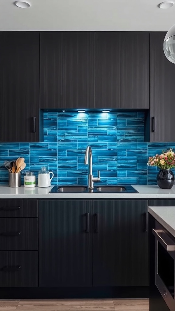 Kitchen with dark cabinets and blue gradient backsplash