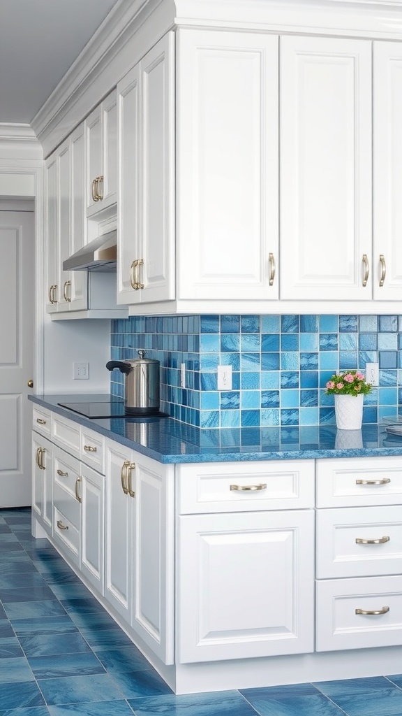 A modern kitchen with blue tile countertops and cabinets, featuring white cabinets and gold hardware.