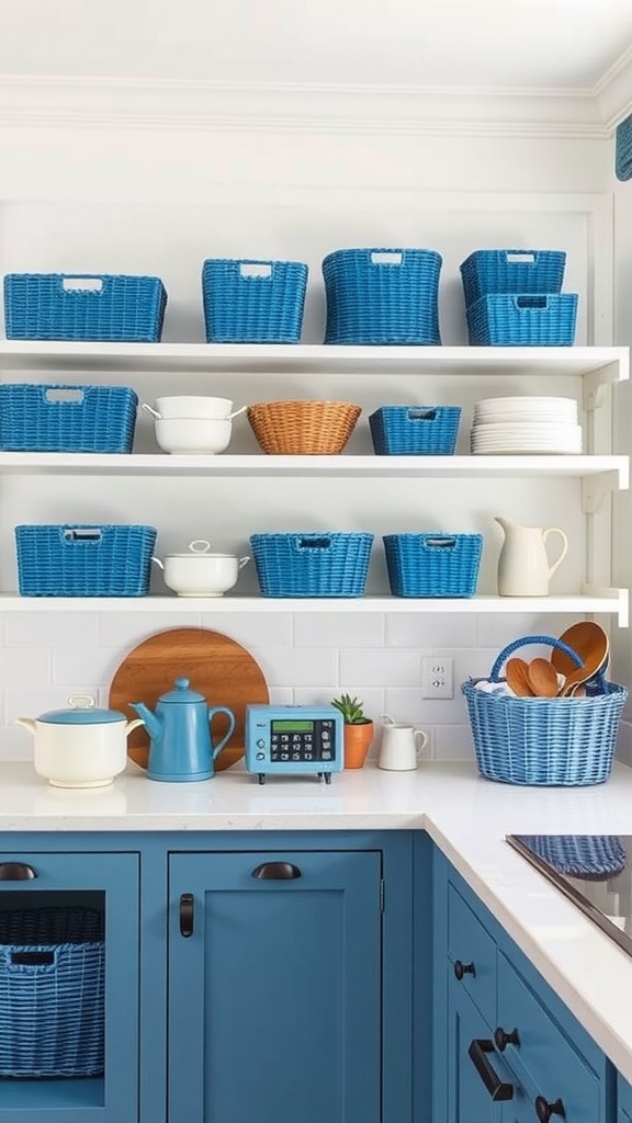 A kitchen shelf with blue woven baskets for storage, complemented by white dishes and wooden elements.