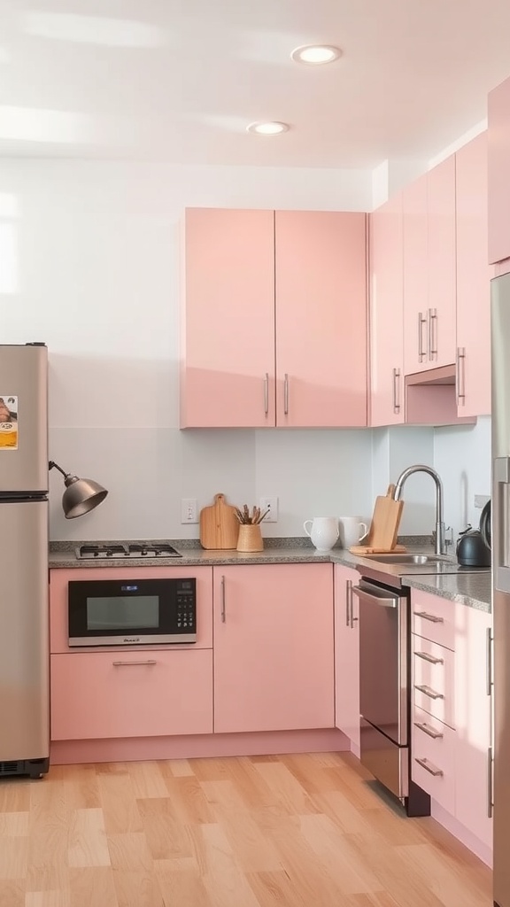 A modern kitchen featuring blush pink cabinets with gray countertops and stainless steel appliances.