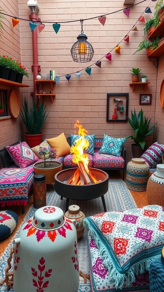 A cozy bohemian fire pit corner with colorful cushions, a fire pit, and decorative elements.