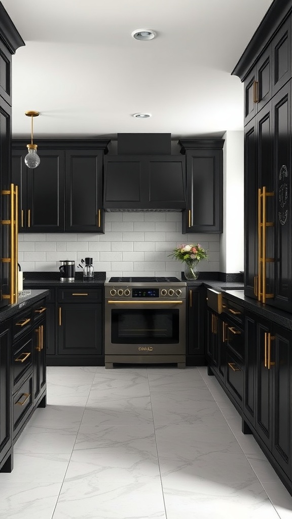 A modern kitchen with black cabinets and gold accents, featuring a sleek design and light-colored flooring.