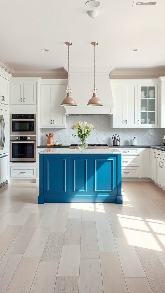 A kitchen featuring a bold blue island with white cabinets and wooden flooring, illuminated by pendant lights.