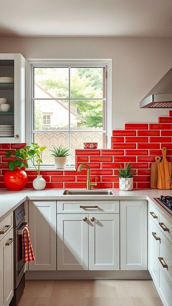 A modern kitchen with a vibrant red tile backsplash, white cabinets, and stylish decor.