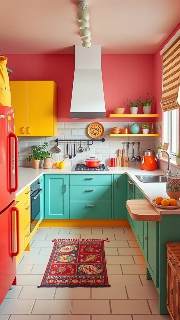 A vibrant kitchen featuring bold colors like red, yellow, and turquoise with a colorful rug.